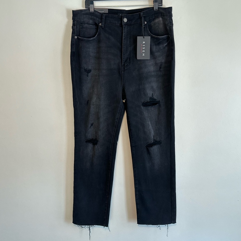 Risen High Rise Distressed Straight Leg Jeans